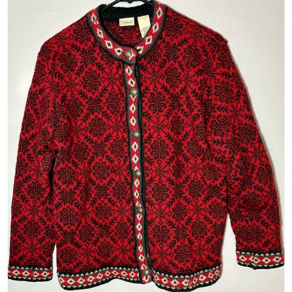 Vtg L.L. Bean Womens Lg 100% Merino Wool Scandinavian Cardigan Red Heavy Sweater - Picture 1 of 11